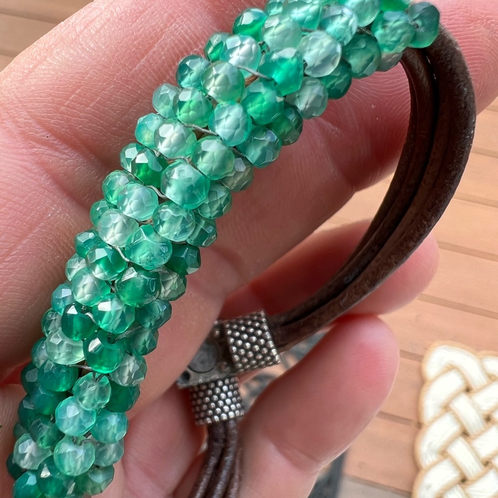 Green Beaded Bracelet with Brown Leather